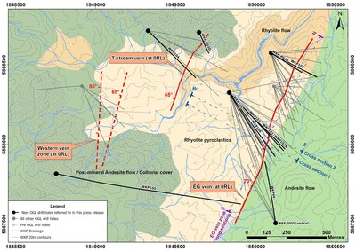 Figure 2: Plan View of Geology, Drill Traces and Distribution of 3 Main Veins at WKP (CNW Group/OceanaGold Corporation) Figure 2: Plan View of Geology, Drill Traces and Distribution of 3 Main Veins at WKP (CNW Group/OceanaGold Corporation)