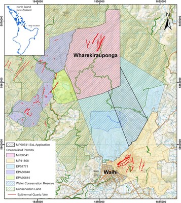 Figure 1: Location Map showing Waihi Gold Mine, WKP and permits held by OceanaGold Note: MP60541 Extension of Land (EoL) is as proposed and subject to New Zealand Petroleum and Minerals approval. (CNW Group/OceanaGold Corporation) Photo_Asset_1