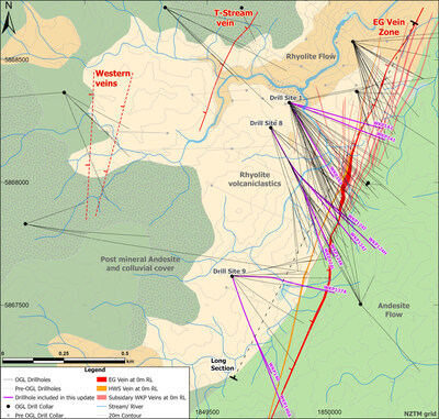Figure 1: Wharekirauponga plan view of geology and drill traces highlighting the EG vein zone, T-Stream vein, and Western veins, and drill platform locations (CNW Group/OceanaGold Corporation)