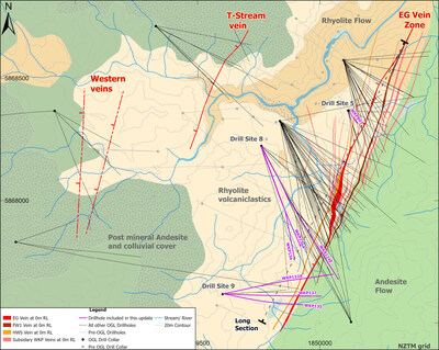 Wharekirauponga Plan View of Geology, Drill Traces and Distribution of 3 Main Vein Zones (CNW Group/OceanaGold Corporation) Wharekirauponga Plan View of Geology, Drill Traces and Distribution of 3 Main Vein Zones (CNW Group/OceanaGold Corporation)